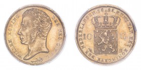 NETHERLANDS. Willem I, 1815-40. 10 Gulden, 1825 B, Brussels, 6.73 g. KM-56. 
In secure plastic holder, graded by PCGS MS62, certification number 81698...