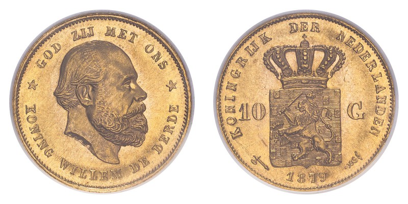 NETHERLANDS. Willem III, 1849-90. 10 Gulden, 1879, Utrecht, 6.73 g. KM-106. 
In ...