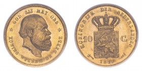 NETHERLANDS. Willem III, 1849-90. 10 Gulden, 1879, Utrecht, 6.73 g. KM-106. 
In secure plastic holder, graded by NGC MS65, certification number 162043...