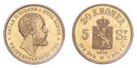NORWAY. Oscar II, 1872-1905. 20 Kroner, 1874, Kongsberg, 8.96 g. KM 348. 
Good extremely fine.