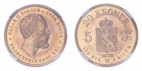 NORWAY. Oscar II, 1872-1905. 20 Kroner, 1875, Kongsberg, 8.96 g. KM-348. 
First type with dual denomination. In secure plastic holder, graded by NGC M...