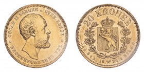 NORWAY. Oscar II. 20 Kroner, 1876, Kongsberg, 8.96 g. KM 355. 
Good very fine, cleaned.