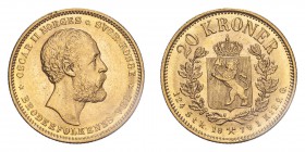 NORWAY. Oscar II. 20 Kroner, 1879, Kongsberg, 8.96 g. KM 355. 
Good extremely fine.