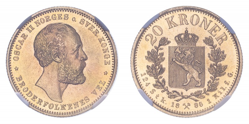 NORWAY. Oscar II, 1872-1905. 20 Kroner, 1886, 8.96 g. KM-355. 
In secure plastic...