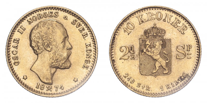NORWAY. Oscar II, 1872-1905. 10 Kroner, 1874, 4.48 g. KM 347. 
About extremely f...