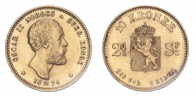 NORWAY. Oscar II, 1872-1905. 10 Kroner, 1874, 4.48 g. KM 347. 
About extremely fine.