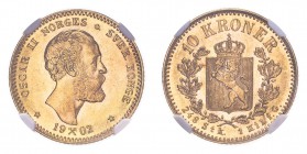 NORWAY. Oscar II, 1872-1905. 10 Kroner, 1902, Kongsberg, Rare. 4.48 g. KM 358. 
In secure plastic holder, graded by NGC MS62, certification number 281...