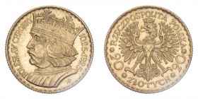 POLAND. Republic. 20 Zlotych, ND (1925) (W), 6.45 g. KM-Y33; Fr-116. Bolesław Chrobry. 
Uncirculated.
