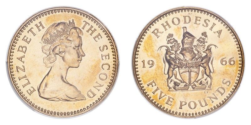 RHODESIA. Elizabeth II, 1952-. 5 Pounds, 1966, Proof. 39.94 g. KM-7. 
In secure ...