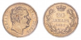 SERBIA. Milan I, 1882-89. 20 Dinara, 1882 V, Vienna, 6.45 g. KM-17.1. 
In secure plastic holder, graded by PCGS AU55, certification number 83867029.