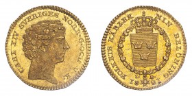 SWEDEN. Karl XIV Johan, 1818-44. Ducat, 1821 LB, Stockholm, 3.48 g. KM-594, Fr-84, Ahlstrom 16. 
First bare head facing right, abbreviated legend arou...