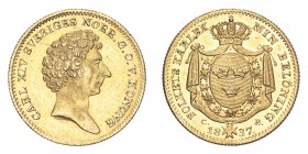 SWEDEN. Karl XIV Johan, 1818-44. Ducat, 1837 CB, Stockholm, 3.46 g. KM-628a, Fr-87, Ahlstrom 32. 
Second bare head facing right, abbreviated legend ar...