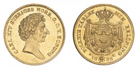 SWEDEN. Karl XIV Johan, 1818-44. Ducat, 1838 AG, Stockholm, 3.46 g. KM-628a, Fr-87, Ahlstrom 33. 
Second bare head facing right, abbreviated legend ar...