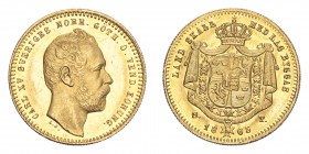 SWEDEN. Karl XV, 1859-72. Ducat, 1865 ST, Stockholm, Large ST, small LA and small date. 3.49 g. KM-709, Fr-91, Ahlstrom 6b. 
Bare head facing right, l...