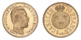 SWEDEN. Karl XV, 1859-72. 10 Francs / 1 Carolin, 1868, Stockholm, 3.23 g. KM-716, Fr-92, Ahlstrom 10. 
Bare head facing right, engraver's initials LA ...