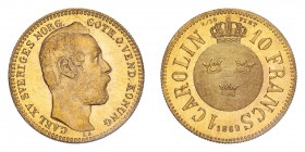 SWEDEN. Karl XV, 1859-72. 10 Francs / 1 Carolin, 1869, Stockholm, 3.23 g. KM-716, Fr-92, Ahlstrom 11. 
Bare head facing right, engraver's initials LA ...