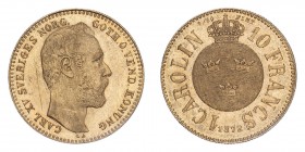 SWEDEN. Karl XV, 1859-72. 10 Francs / 1 Carolin, 1872, Stockholm, 3.23 g. KM-716, Fr-92, Ahlstrom 12a. 
Bare head facing right, engraver's initials LA...