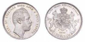 SWEDEN. Karl XV, 1859-72. 1 Riksdaler Riksmynt, 1860 ST, Stockholm, 8.50 g. KM-708; Ahlstrom 28. 
Head of Carl XV facing right, legend reads CARL XV S...