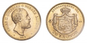 SWEDEN. Oscar II, 1872-1907. 20 Kronor, 1874 ST, Stockholm, 8.96 g. KM-733, Ahlstrom 2. 
First bare head facing right, engraver's initials L.A. below ...