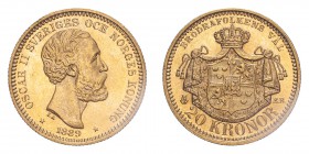 SWEDEN. Oscar II, 1872-1907. 20 Kronor, 1889 EB, Stockholm, 8.96 g. KM-748, Ahlstrom 16. 
Third bare head facing right, engraver's initials L.A. below...