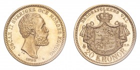 SWEDEN. Oscar II, 1872-1907. 20 Kronor, 1898 EB, Stockholm, 8.96 g. KM-748, Ahlstrom 19. 
Third bare head facing right, engraver's initials L.A. below...