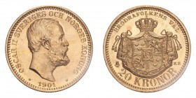 SWEDEN. Oscar II, 1872-1907. 20 Kronor, 1901 EB, Stockholm, 8.96 g. KM-765, Ahlstrom 22. 
Fourth bare head facing right, engraver's initials L.A. belo...