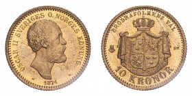 SWEDEN. Oscar II, 1872-1907. 10 Kronor, 1874 ST, Stockholm, 4.48 g. KM-732, Ahlstrom 25a. 
Bare head facing right, date below with stars on either sid...