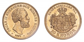 SWEDEN. Oscar II, 1872-1907. 10 Kronor, 1883 EB, Stockholm, 4.48 g. KM-743, Ahlstrom 30b. 
Bare head facing right, small L. A. with dots below truncat...