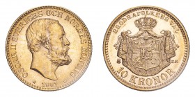 SWEDEN. Oscar II, 1872-1907. 10 Kronor, 1901 EB, Stockholm, 4.48 g. KM-767, Ahlstrom 33. 
Bare head facing right, date below with stars on either side...