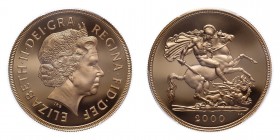 GREAT BRITAIN. Elizabeth II, 1952-. 5 Pounds, 2000, London, Proof. 39.94 g. S-SE7; KM-1003.
Fourth crowned portrait of HM Queen Elizabeth II facing r...