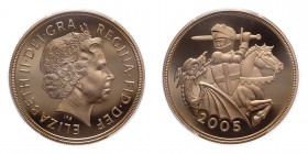 GREAT BRITAIN. Elizabeth II, 1952-. 5 Pounds, 2005, Royal Mint, Proof. 39.94 g. S-SE10; KM-1067.
Fourth crowned portrait of HM Queen Elizabeth II fac...
