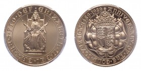 GREAT BRITAIN. Elizabeth II, 1952-. Sovereign, 1989, Royal Mint, Proof. 7.99 g. S-SD3; KM-957.
Crowned facing portrait of Queen Elizabeth II seated i...