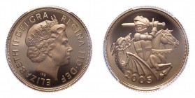 GREAT BRITAIN. Elizabeth II, 1952-. Sovereign, 2005, Royal Mint, Proof. 7.99 g. S-SC6; KM-1065.
Fourth crowned portrait of HM Queen Elizabeth II faci...