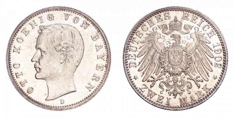 GERMANY: BAVARIA. Otto I, 1886-1913. 2 Mark, 1902 D, Munich, 11.11 g. KM 913; AK...