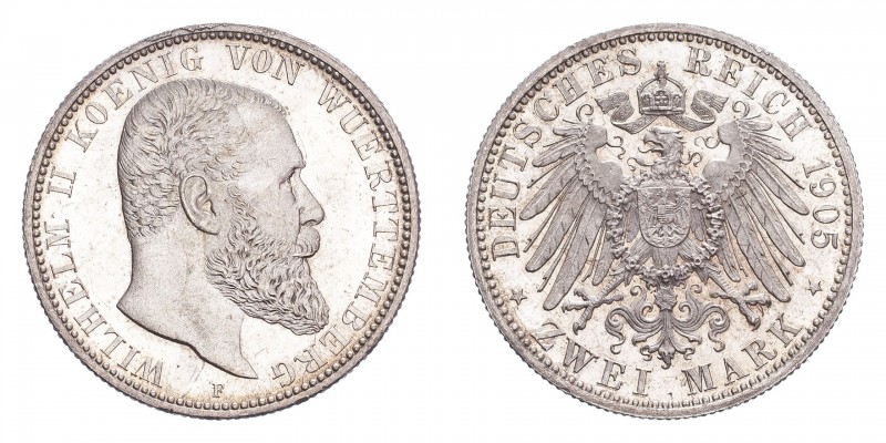 GERMANY: WüRTTEMBERG. Wilhelm II, 1891-1918. 2 Mark, 1905 F, Stuttgart, 11.11 g....