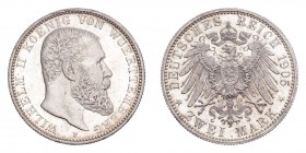 GERMANY: WüRTTEMBERG. Wilhelm II, 1891-1918. 2 Mark, 1905 F, Stuttgart, 11.11 g. KM 631; Jaeger 174.
In secure plastic holder, graded by PCGS MS66, c...
