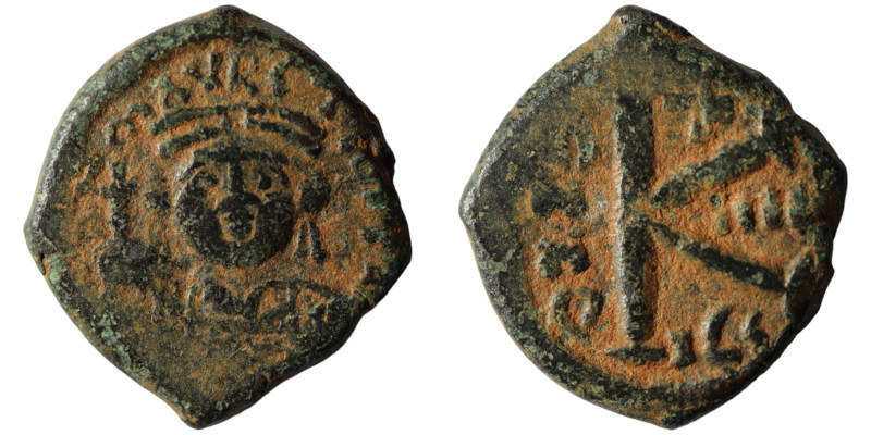 Maurice Tiberius. (582-602 AD). 1/2 Follis. Thessalonica. Obv: bust of Maurice T...