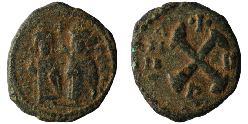 Phocas and Leonita. (602-610 AD) 10 Nummi. Constantinople. Obv: Phocas and Leoni...