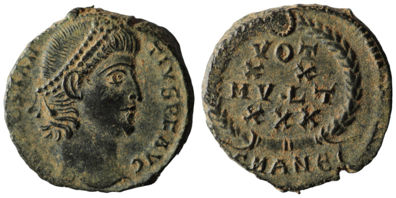 Constans. (347-348 AD). Æ Follis. Antioch. Obv: D N CONSTANS P F AVG. pearl-diad...