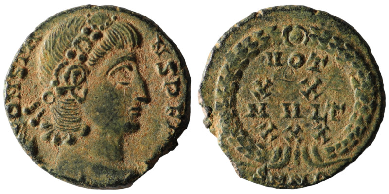 Constans. (347-348 AD). Æ Follis. Nicomedia. Obv: D N CONSTANS P F AVG. pearl-di...