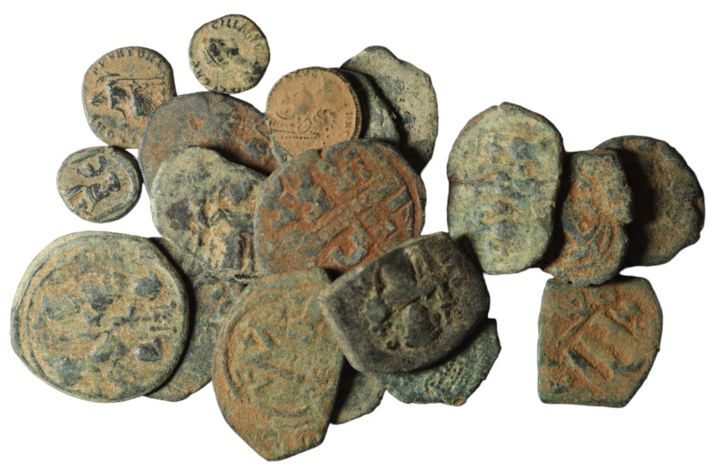 Lot of 20 ancient bronze coins. artifcial sandpatina. sold as seen, no return.