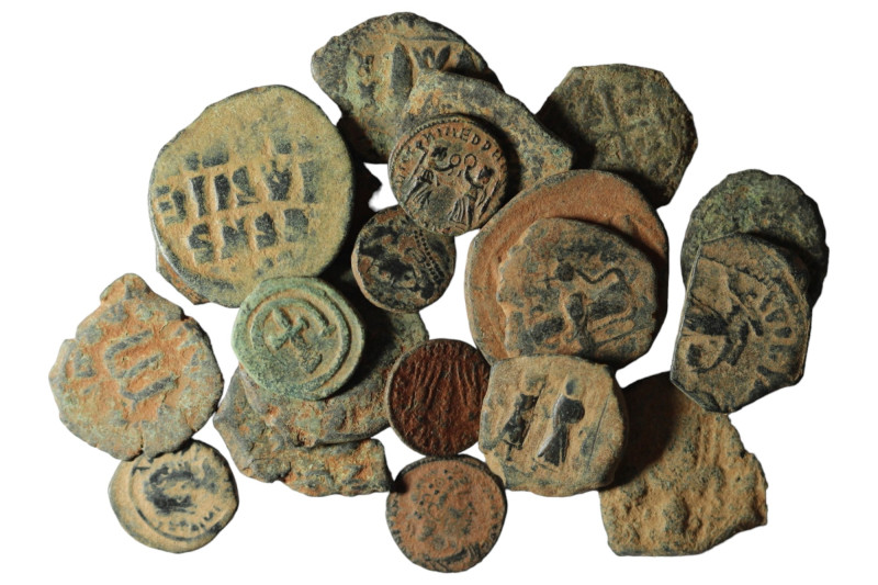 Lot of 20 ancient bronze coins. artifcial sandpatina. sold as seen, no return.