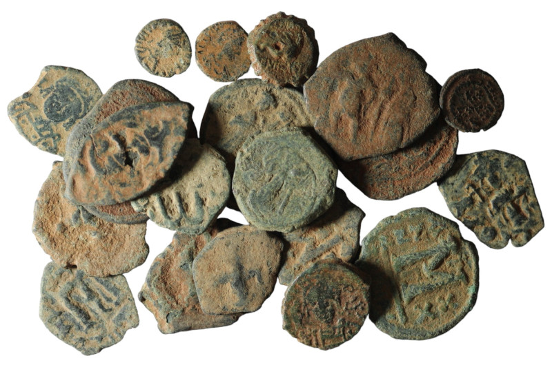 Lot of 20 ancient bronze coins. artifcial sandpatina. sold as seen, no return.