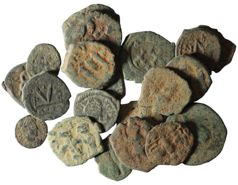 Lot of 20 ancient bronze coins. artifcial sandpatina. sold as seen, no return.