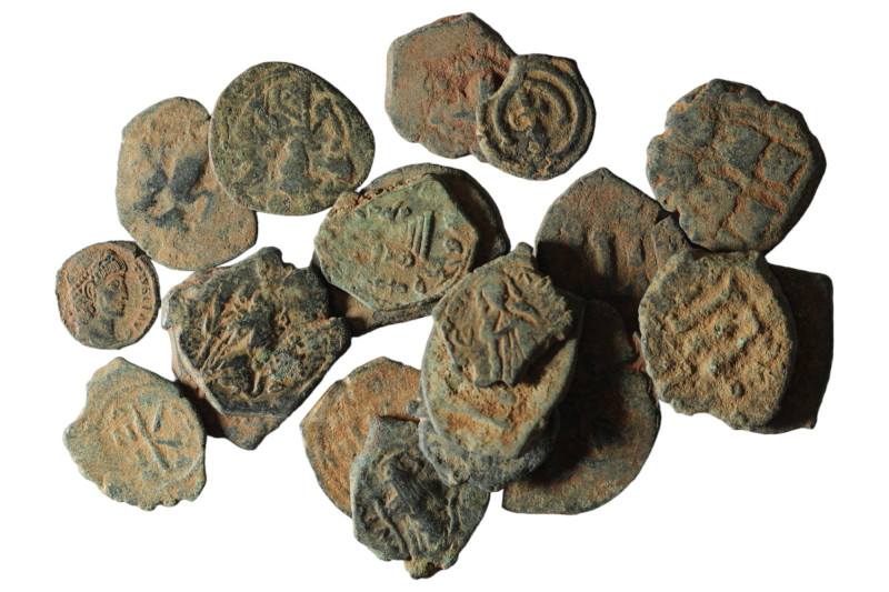 Lot of 20 ancient bronze coins. artifcial sandpatina. sold as seen, no return.