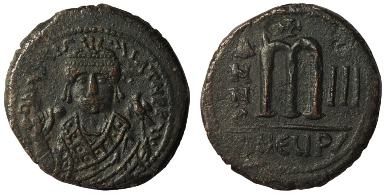 Tiberius II. Constantine. (578-582 AD). Follis. Theoupolis. Obv: cuirassed bust ...