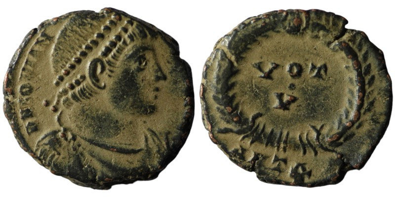 Jovian. (363-364 AD). Æ Follis. Antioch. Obv: D N IOVIANVS P F AVG. pearl-diadem...