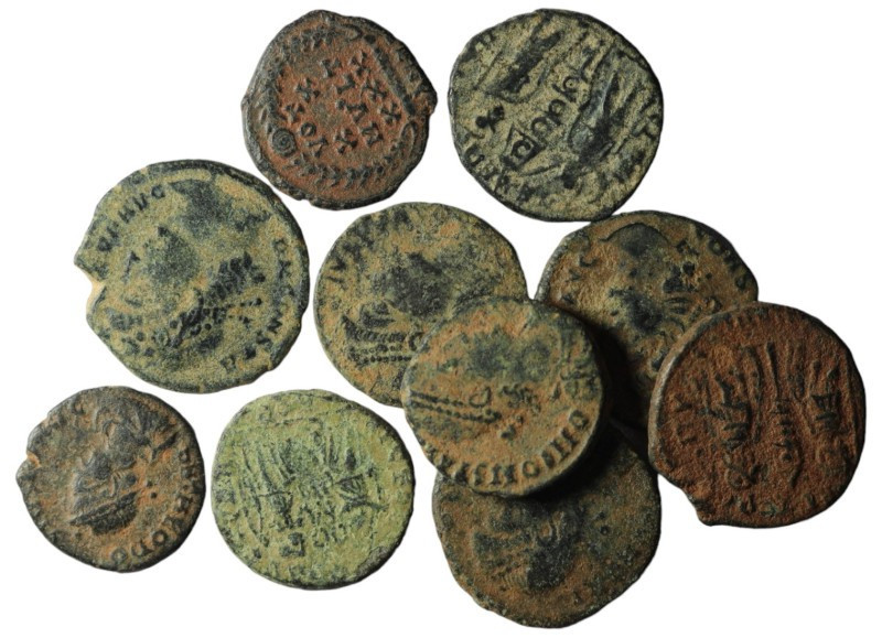 Lot of 10 Roman bronze Follis. artifcial sandpatina. sold as seen, no return.