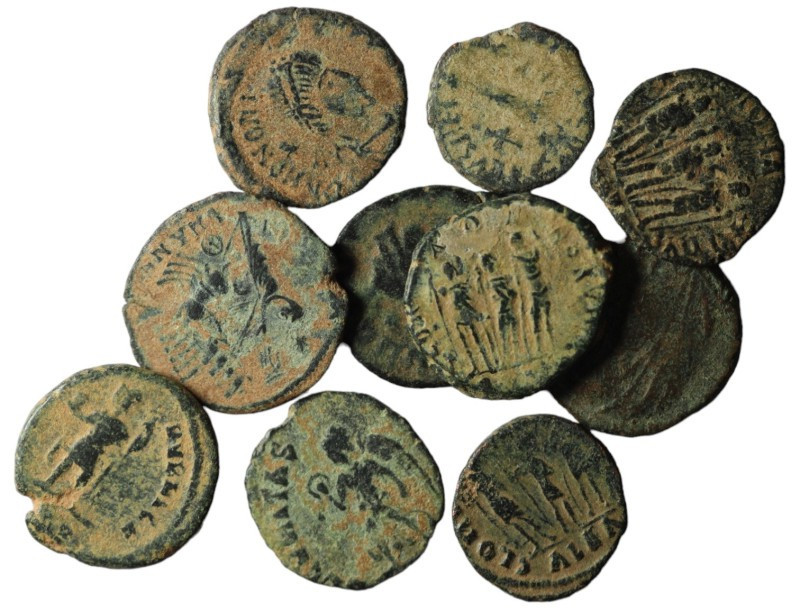 Lot of 10 Roman bronze Follis. artifcial sandpatina. sold as seen, no return.