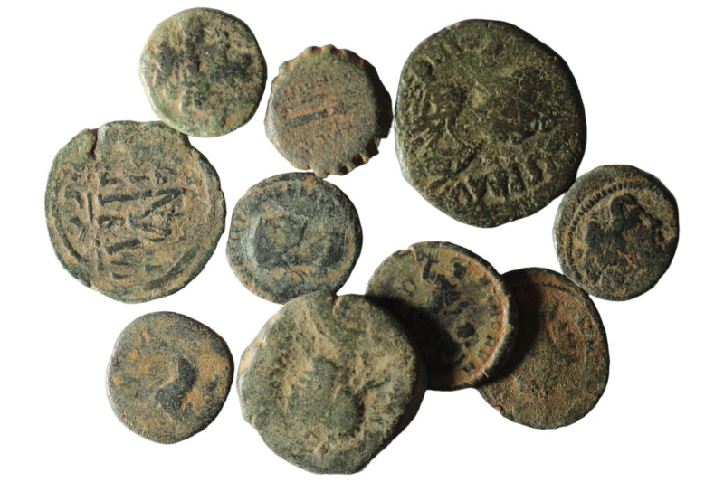 Lot of 10 ancient bronze coins. sold as seen, no return.